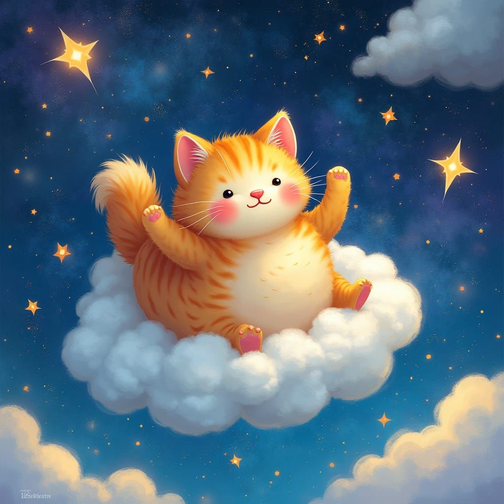 Kitty Cat Floating in Starry Galaxy, Dreamscape Art