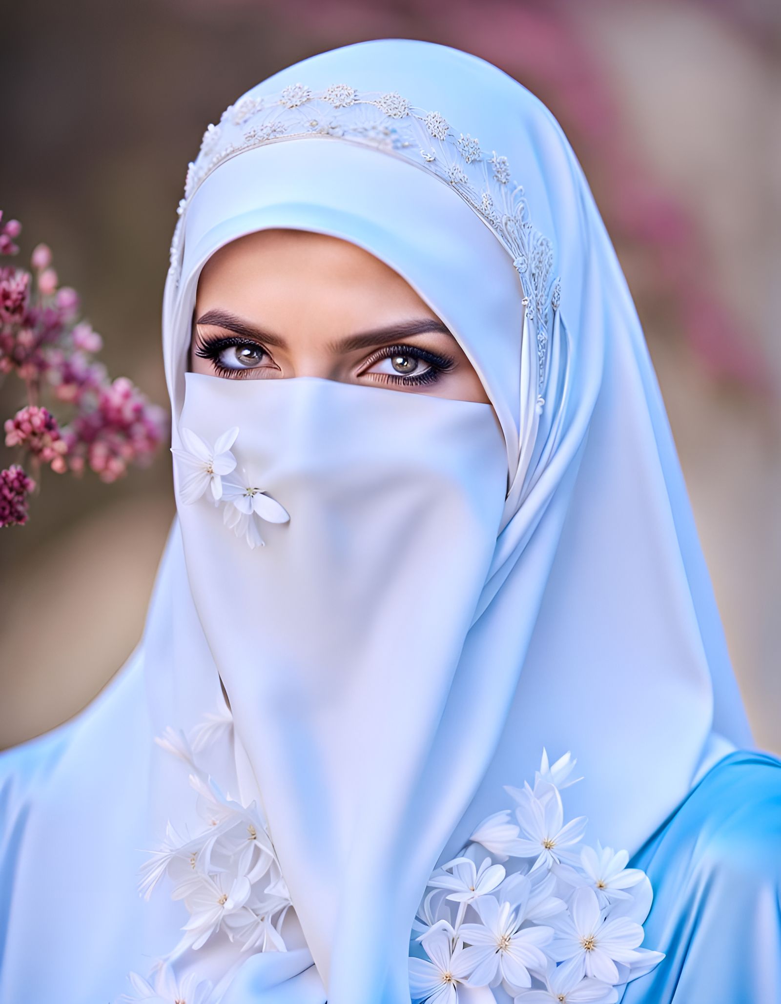 Hyperrealistic Portrait of Veiled Woman in Futuristic City