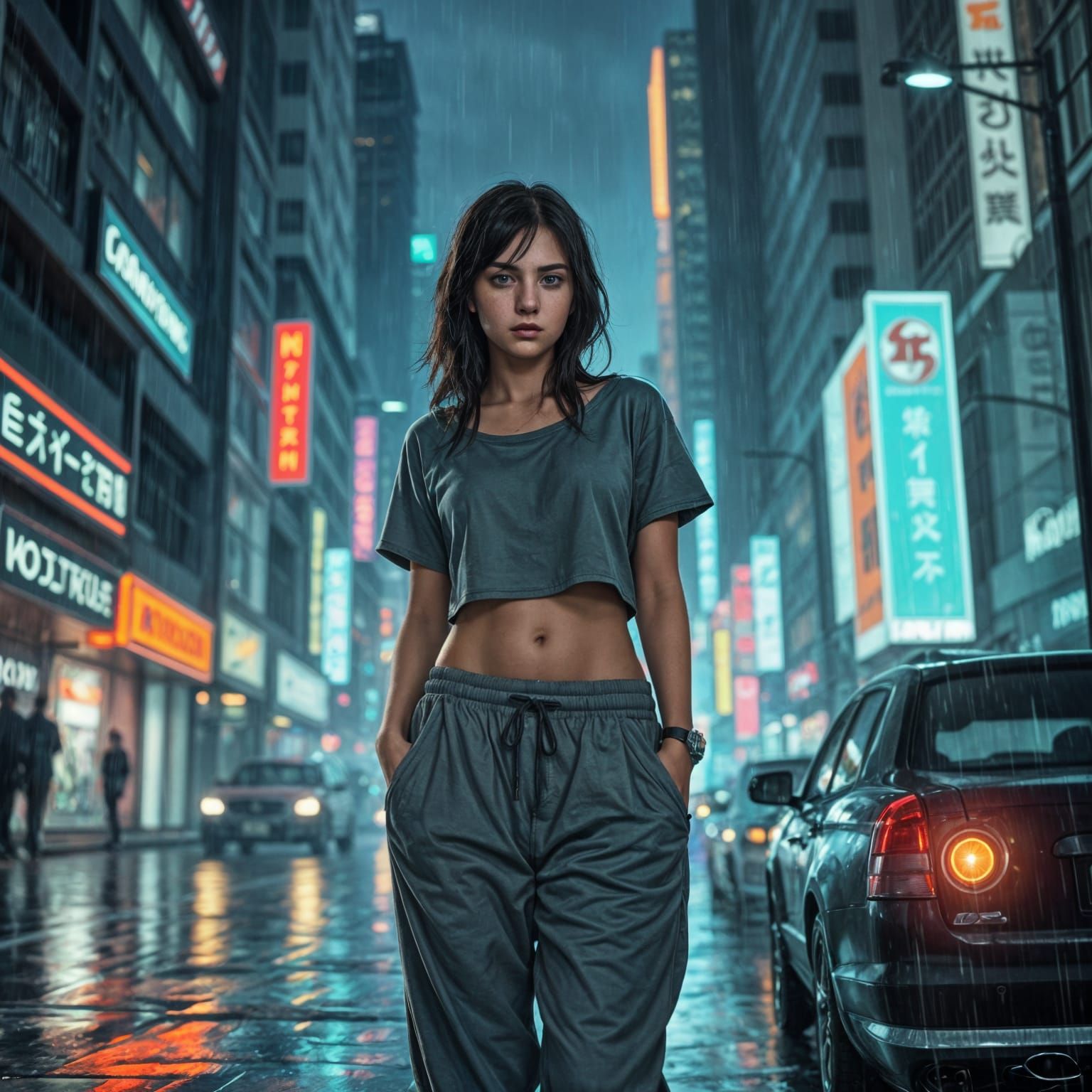Cyberpunk Teenager on a Rainy Night in a Futuristic City