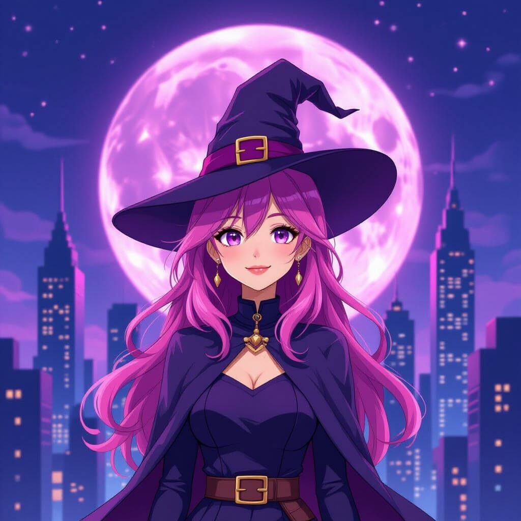 Anime Witch Under Violet Moon in Minimalist Cityscape