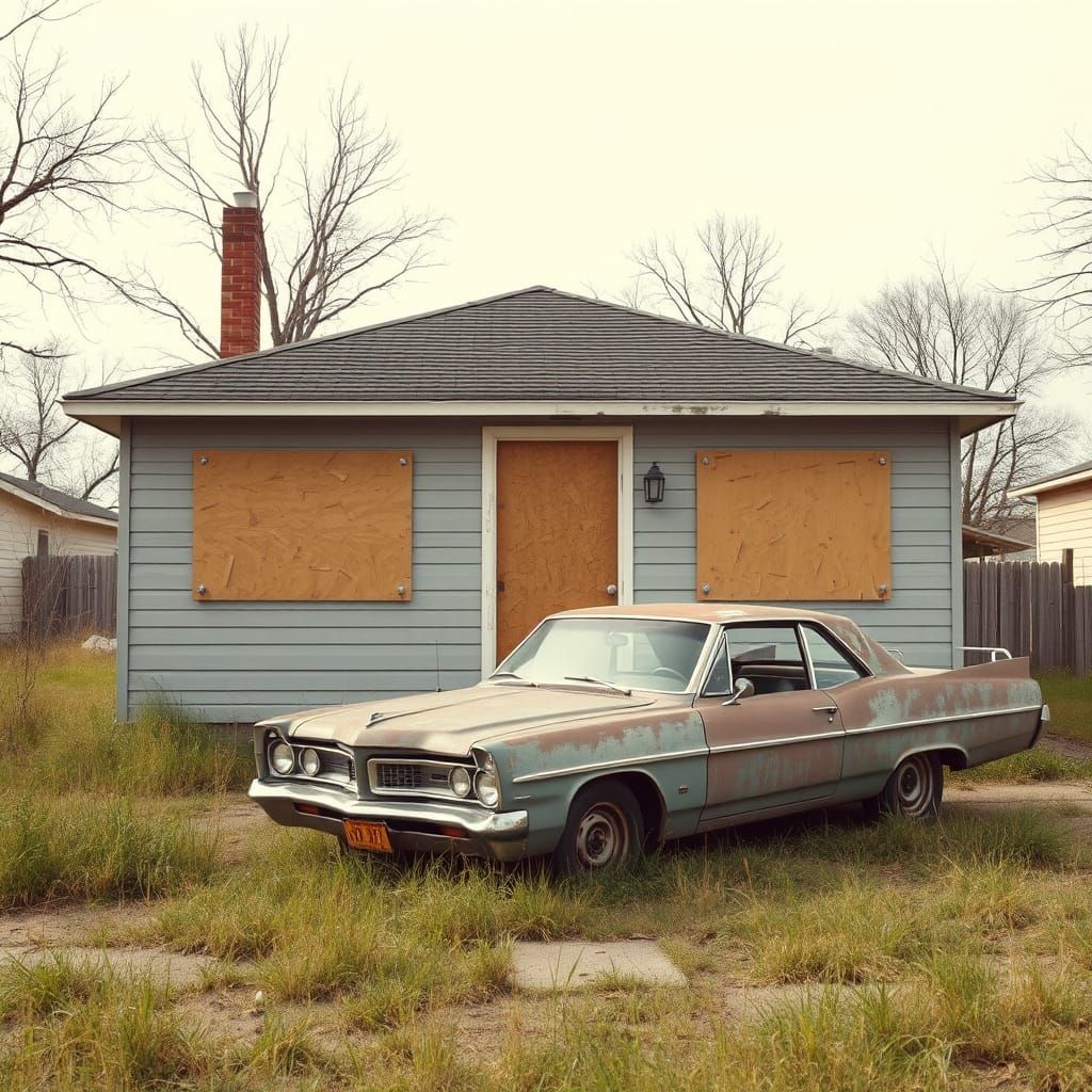 Weathered Bungalow in Ruin, Overgrown with Nature