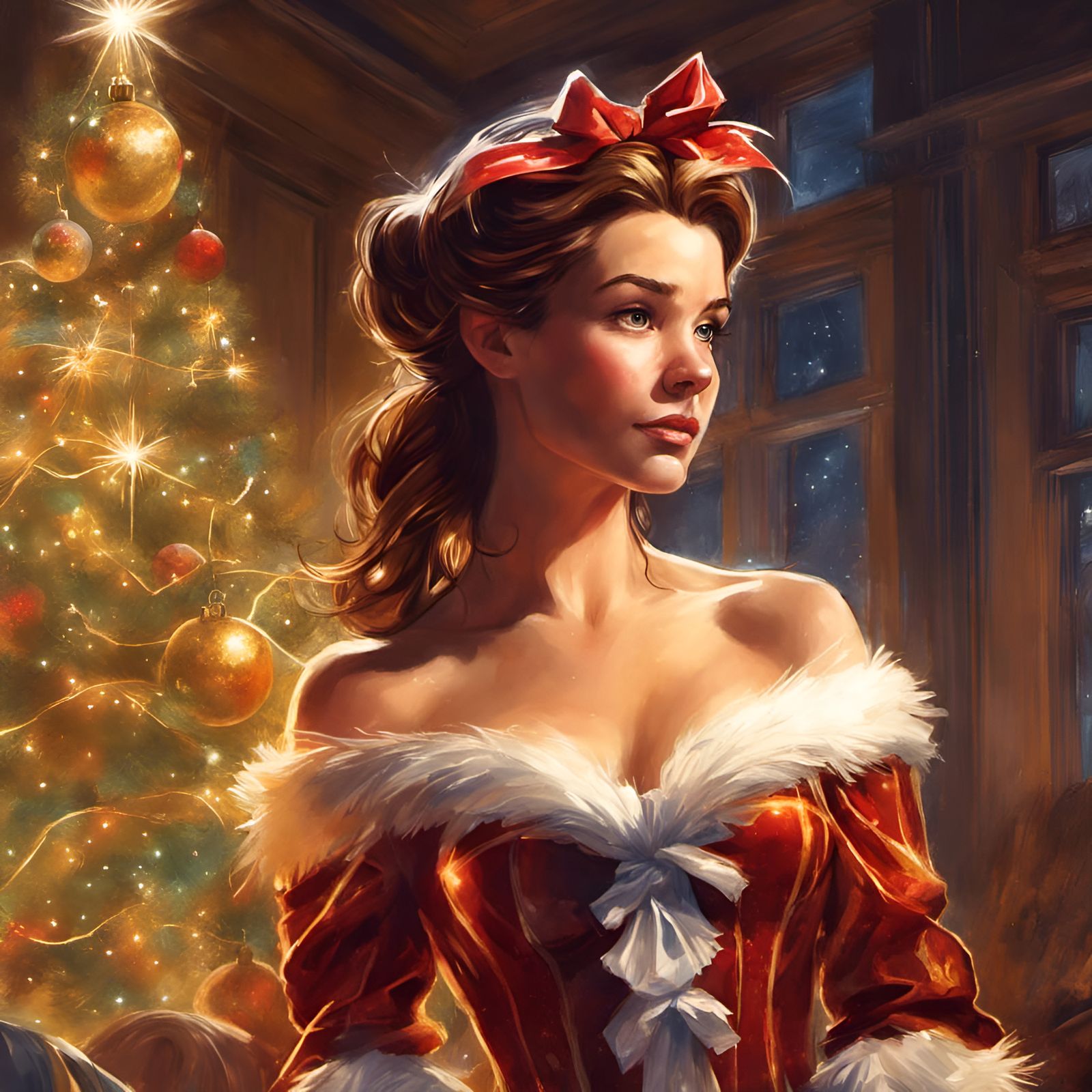 Princess Belle Christmas Portrait in Digital Illustration St...