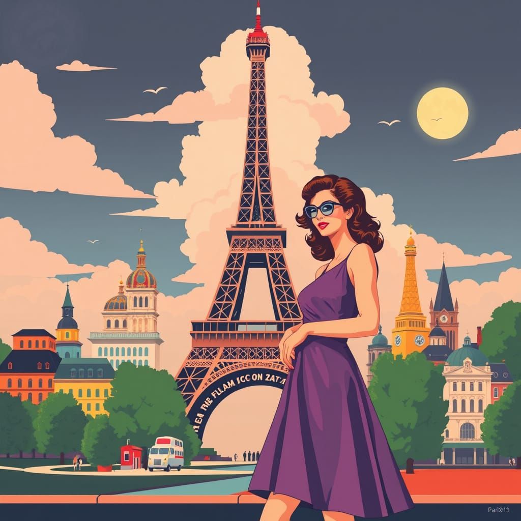 Retro Paris Travel Poster in Art Deco Style