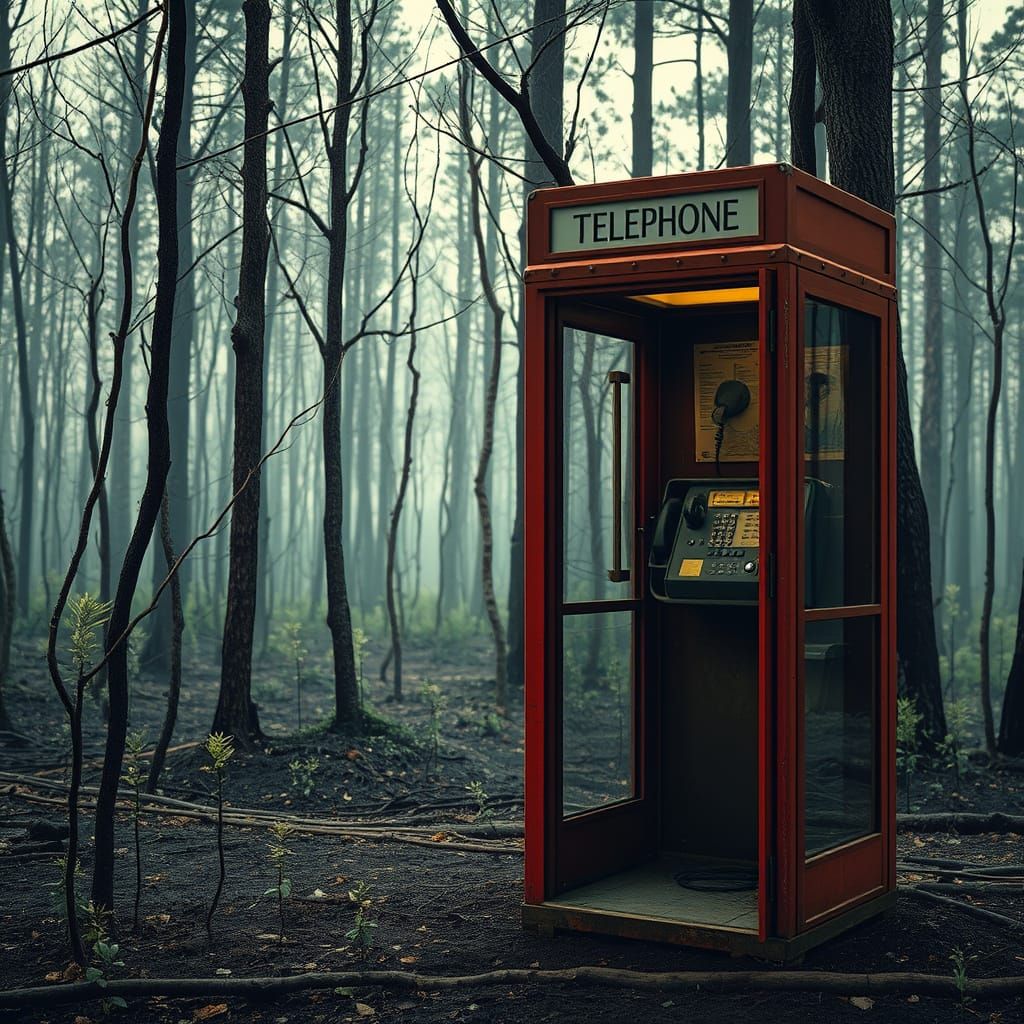 Phone Booth Echoes in Wildfire Forest