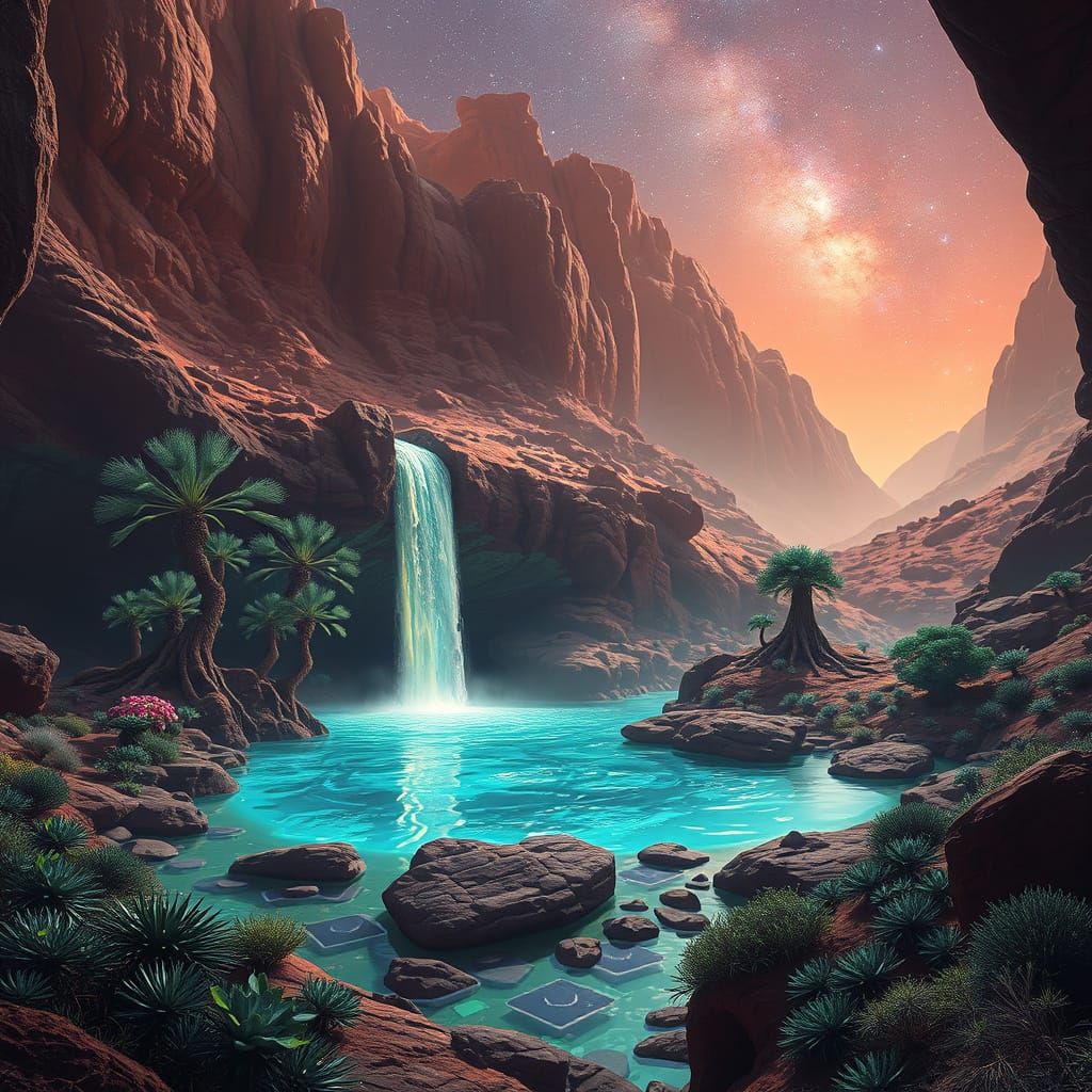 Martian Canyon Oasis with Starlight Waterfall