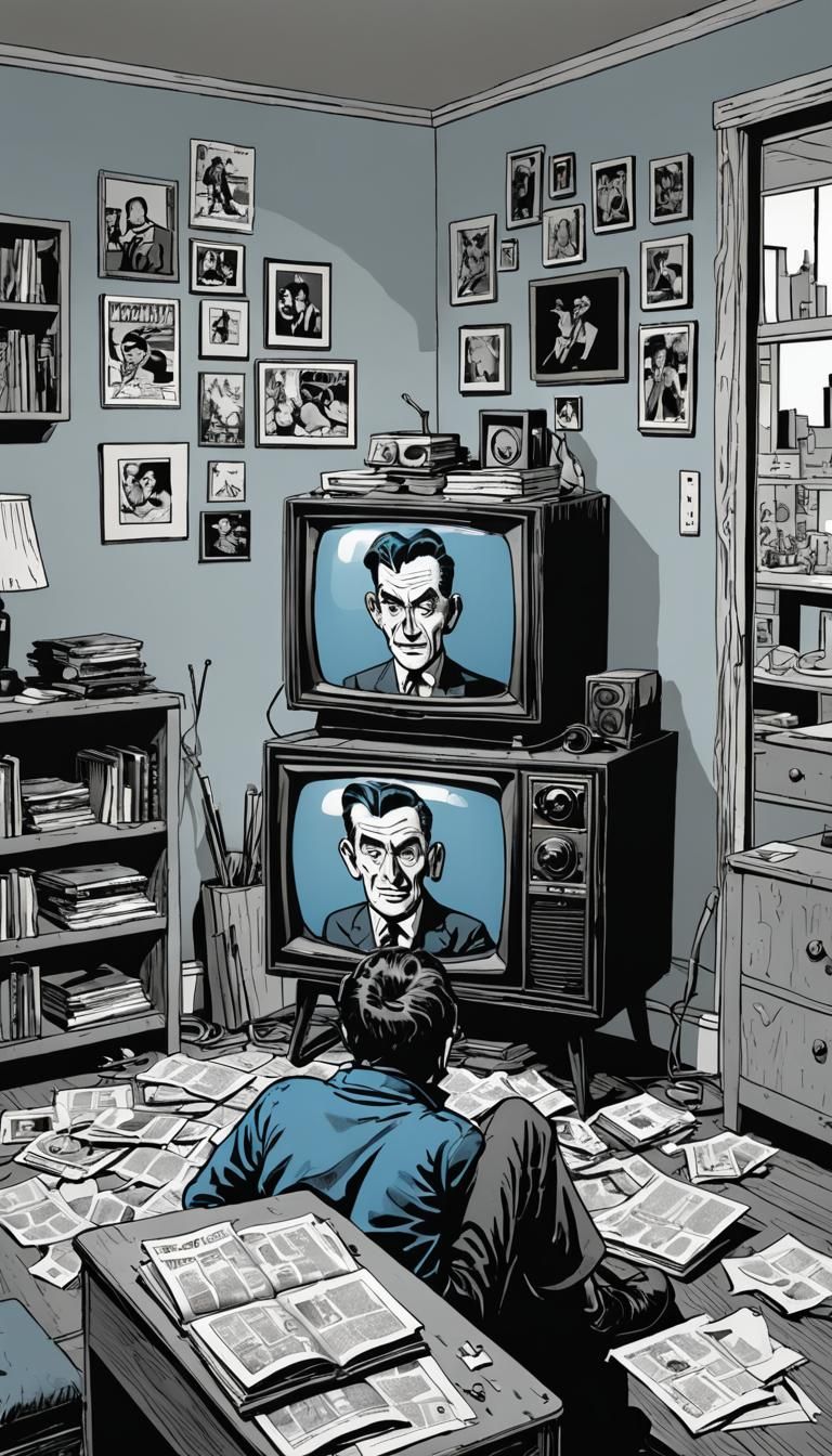 Humorous Comic Book Illustration of a TV Addict