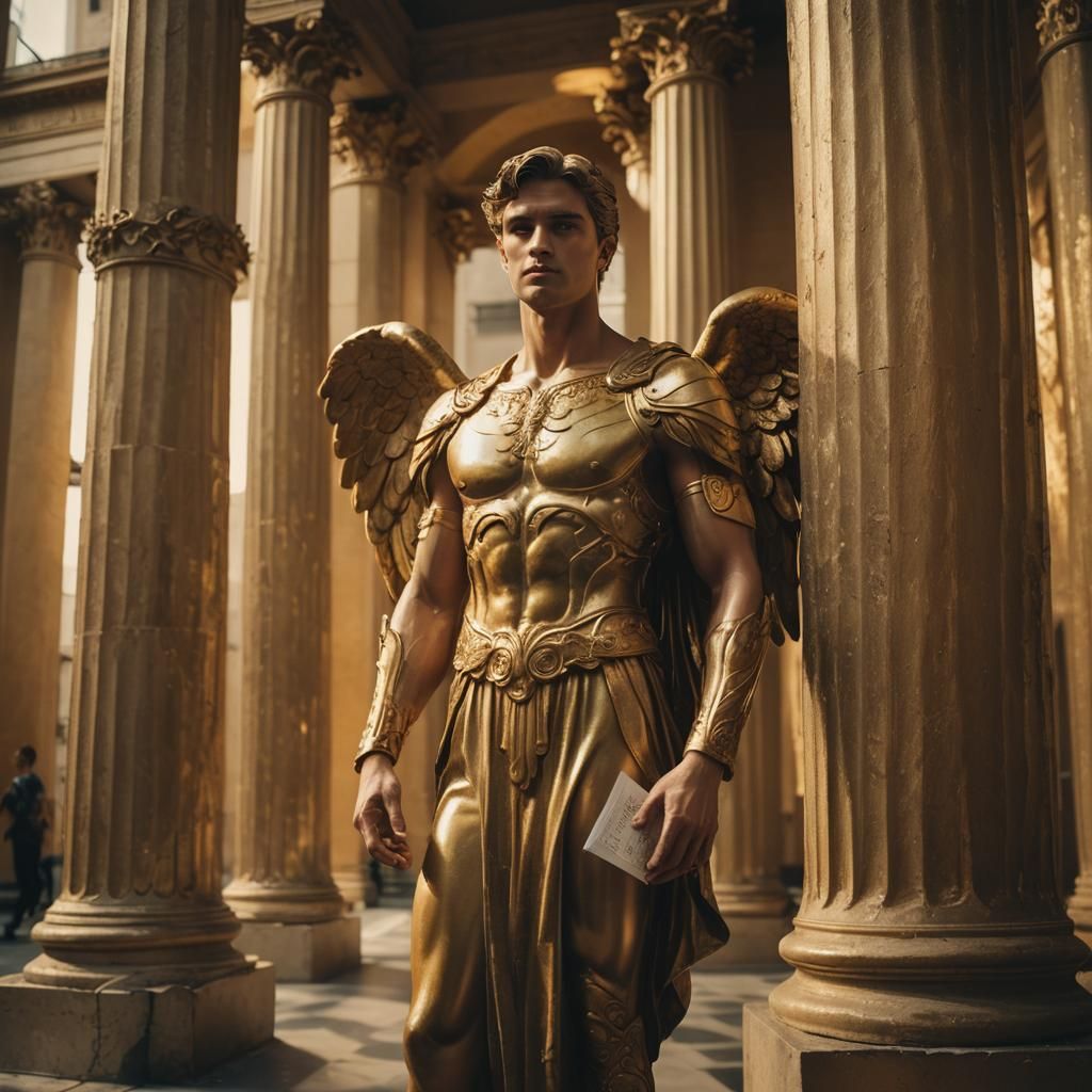 Gold Angel Between Columns: Cinematic Still
