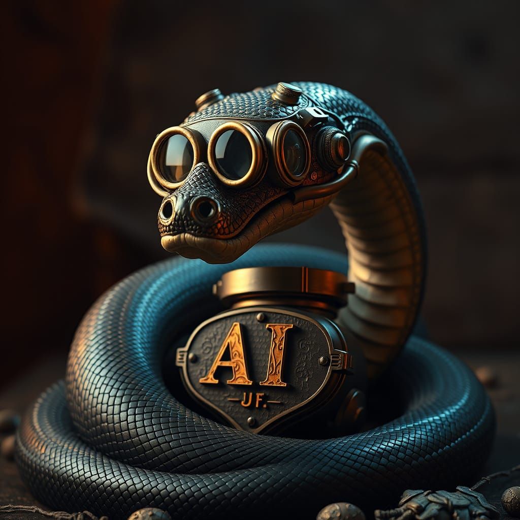 Surreal Steampunk Serpent Uncoils Around Vintage AI Device