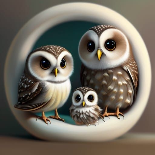 Fluffy Owl Family Portrait in Whimsical Style