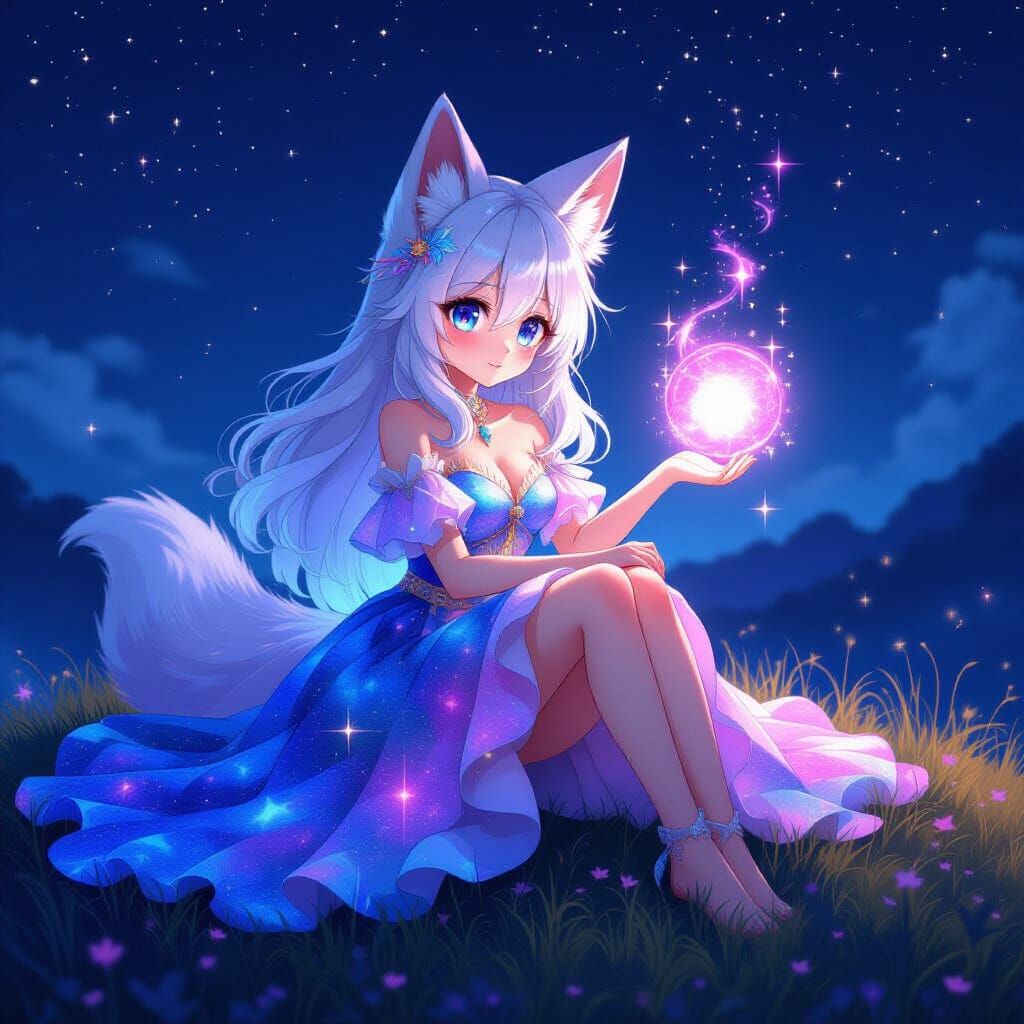 Dreamy Anime Fox Girl in Galaxy Dress
