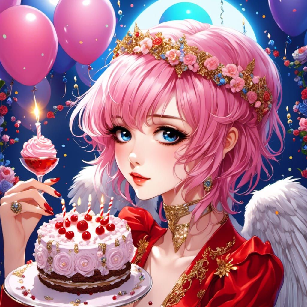 Anime Angel Celebrates with Birthday Cake