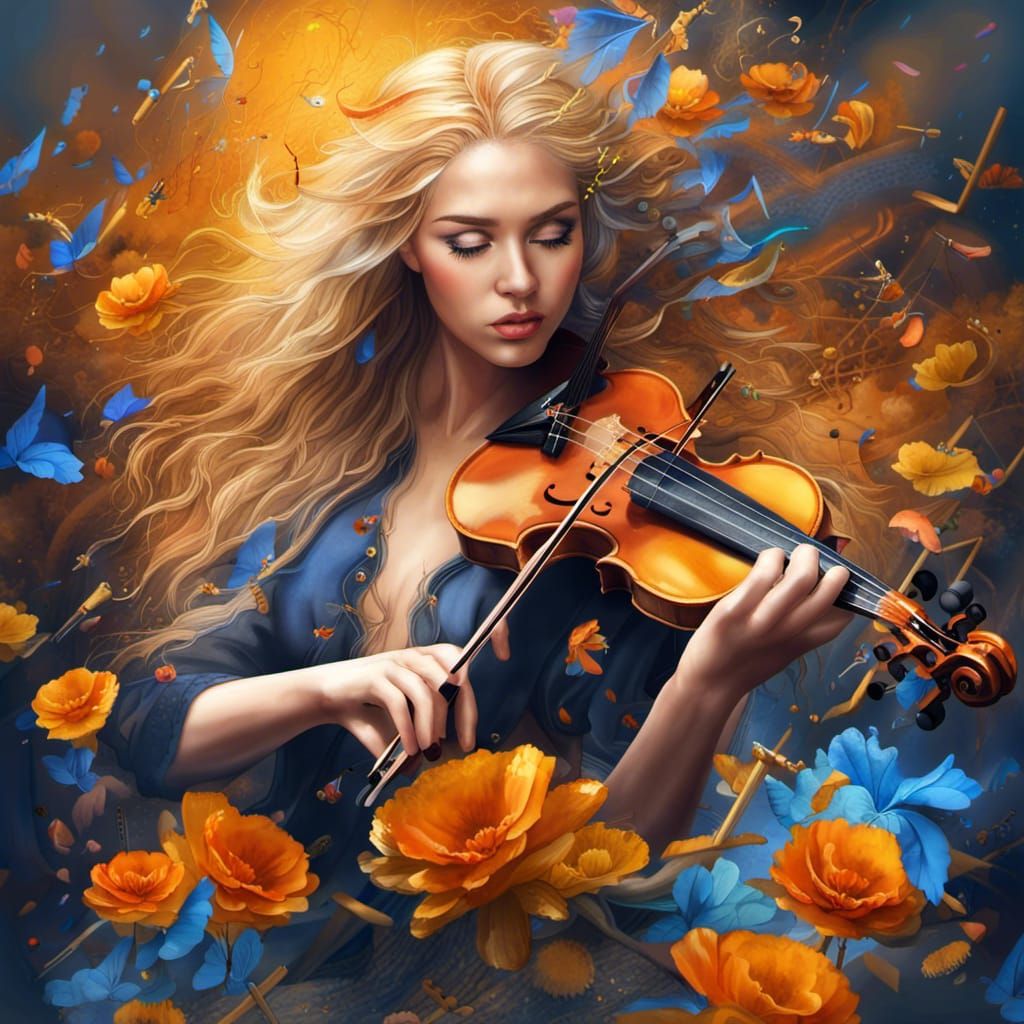 Woman with Violin Surrounded by Flowers