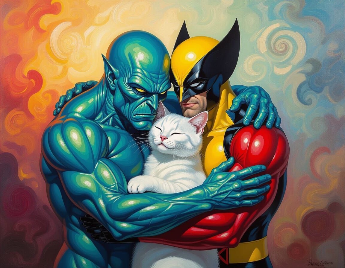 Cthulhu, Silver Surfer, and Wolverine as Cats Hugging