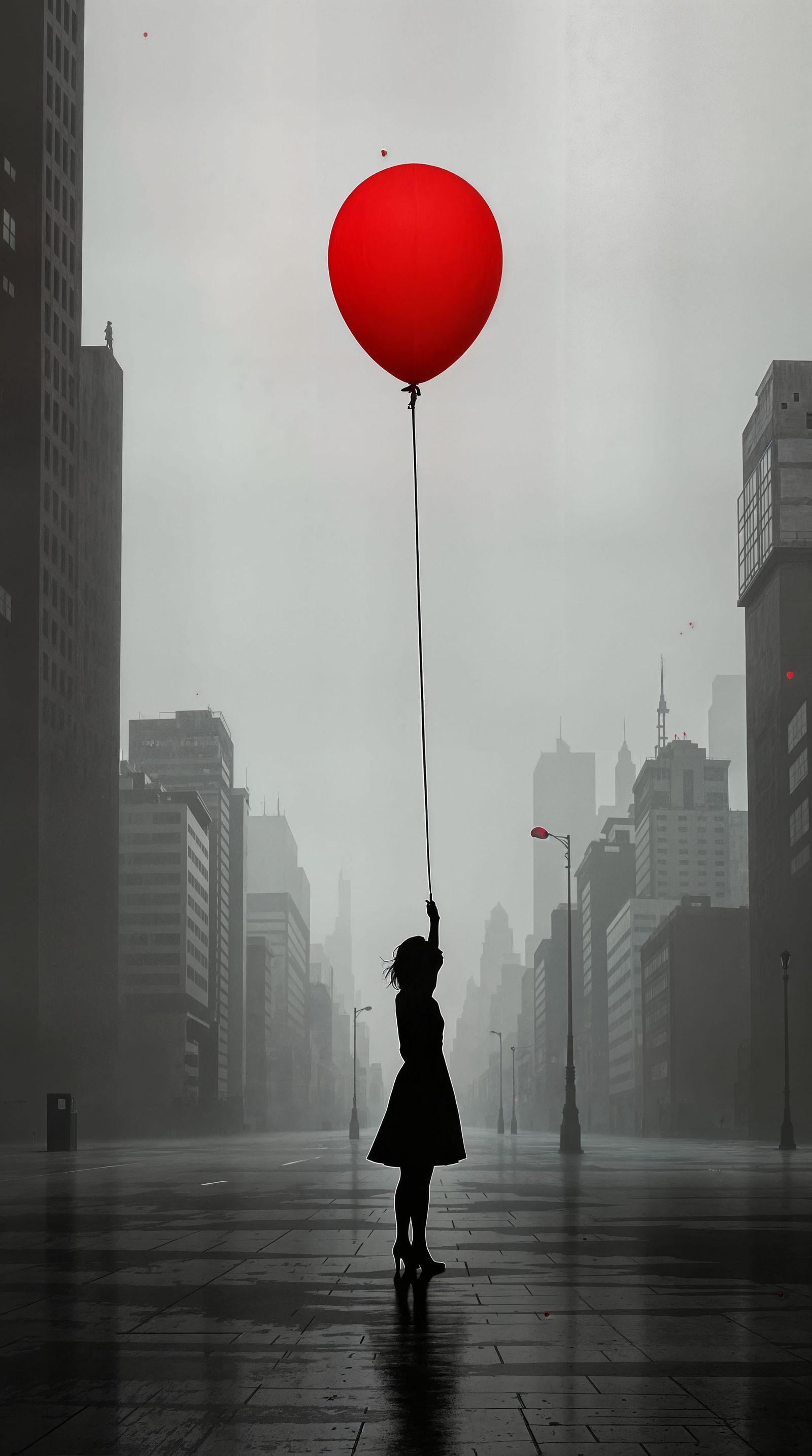 Hopeful Urban Figure in a Surreal Gray City