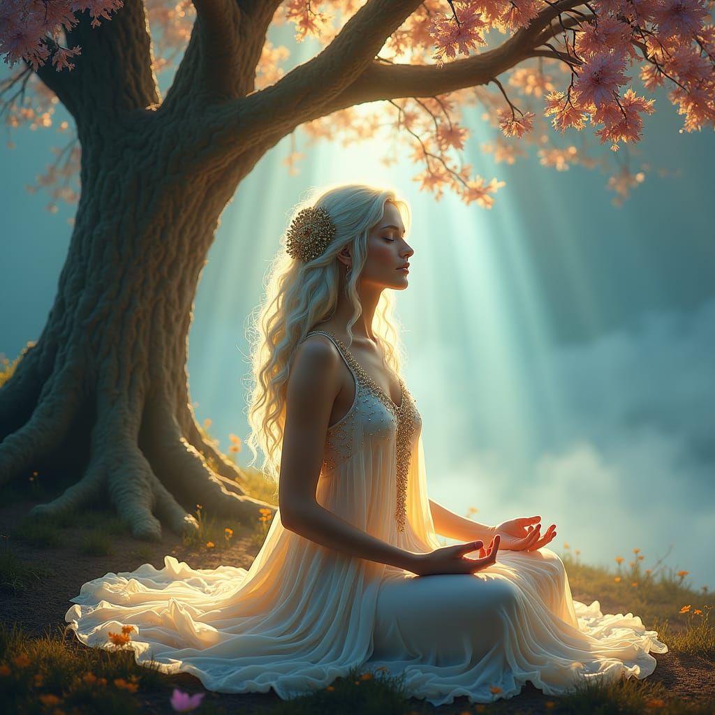Ethereal Woman Meditates Beneath the Tree of Life