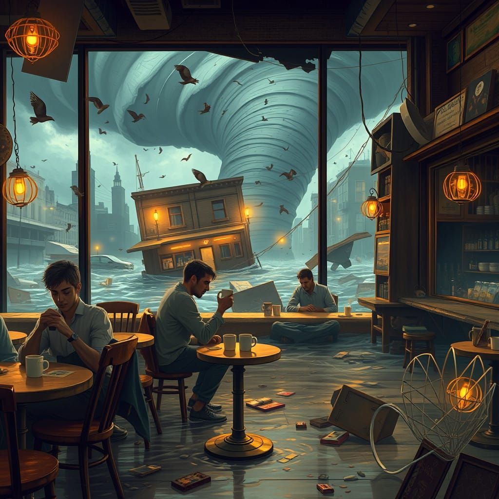 Surreal Coffee Shop Scene in the Midst of Devastation