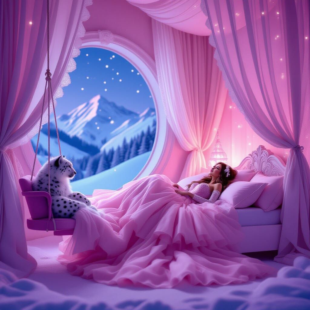 Ethereal Pink Bedroom with Snowy Leopard and Magical Girl