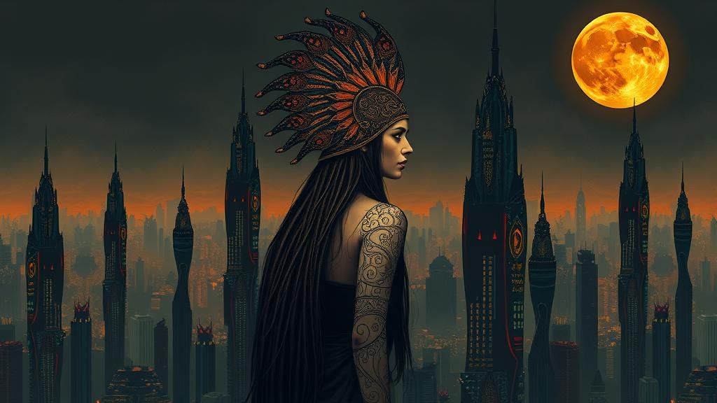 Obsidian Headdress in Surreal Dystopian Cityscape
