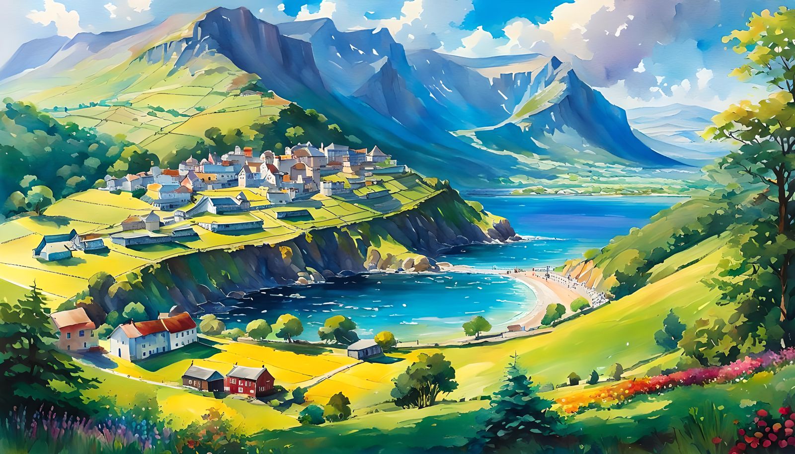 Candy Land Landscape in Watercolor Style