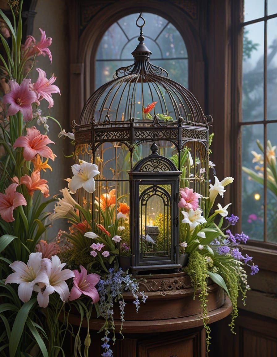 Enchanted Garden in a Vintage Birdcage