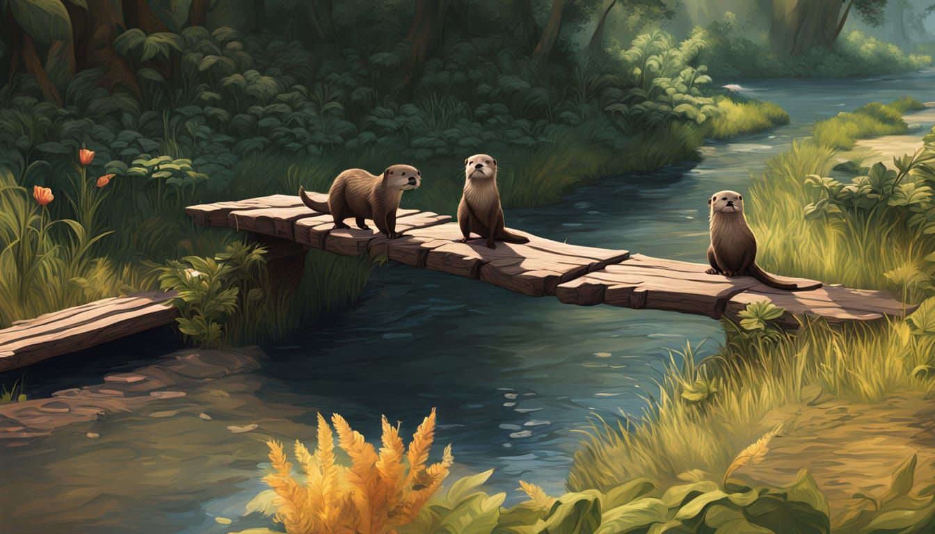 Otters Building a River Bridge in Golden Hour Light