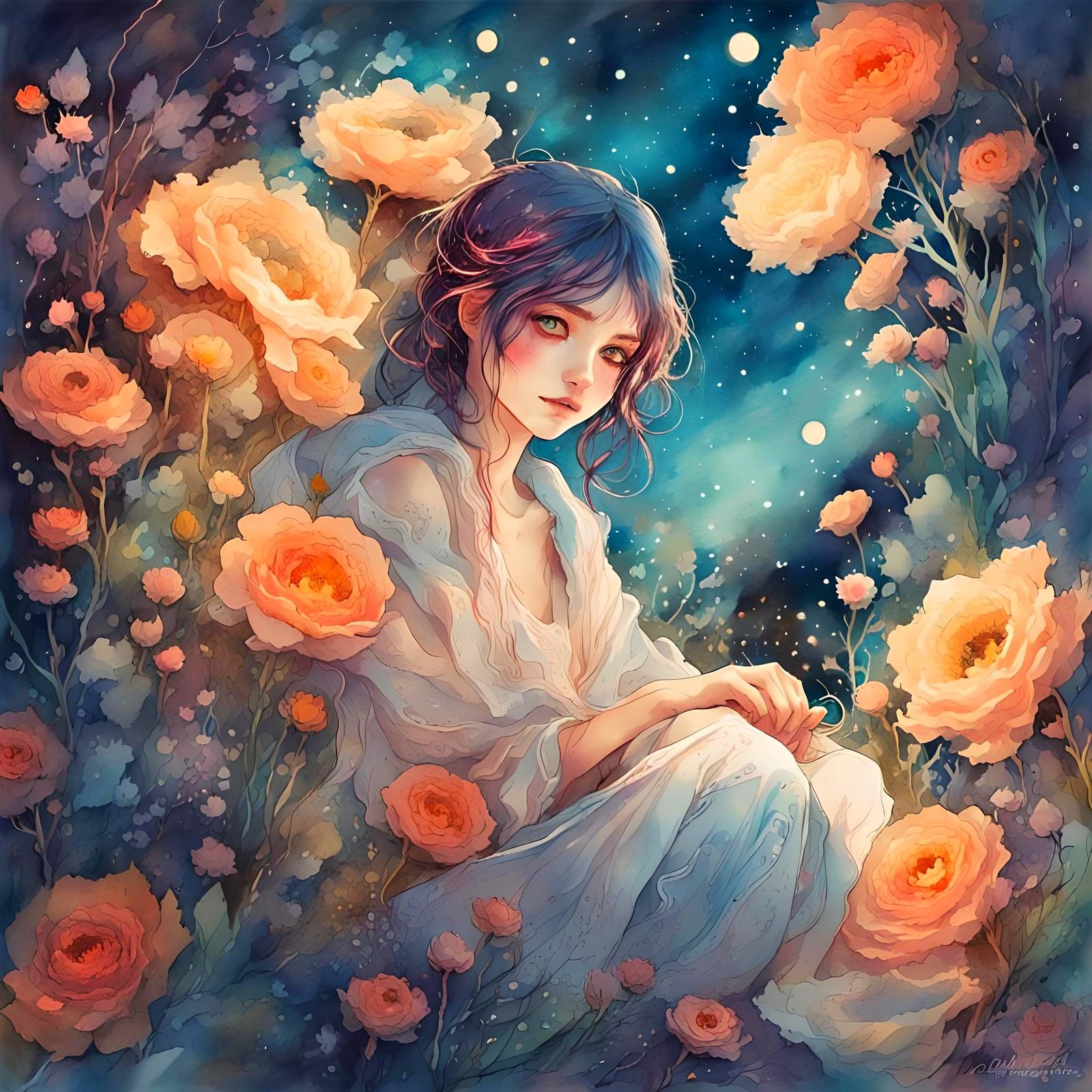 Anime Girl Dreams in Gouache Watercolor Style