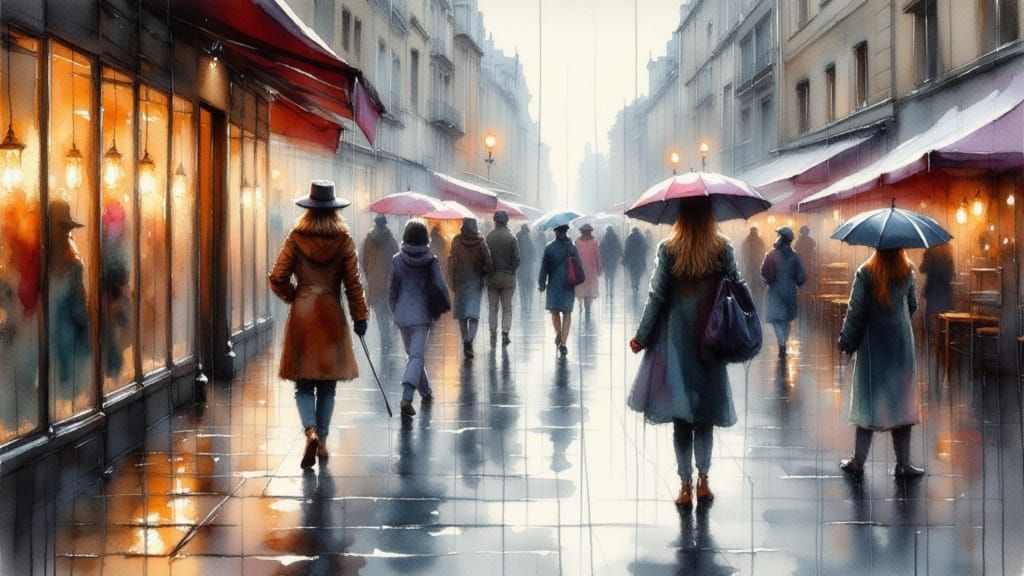 Walking in the rains in the streets of the City