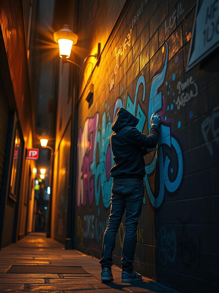 Street artist like Bensky creating street art graffiti on city walls detailed matte painting deep color fantastical intr...