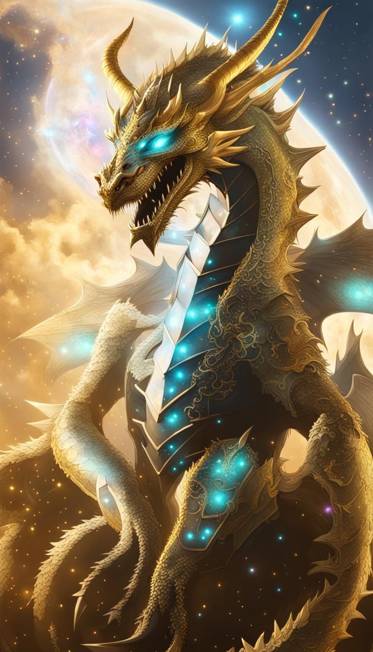 Armored Black Dragon Flying Under Bioluminescent Stars