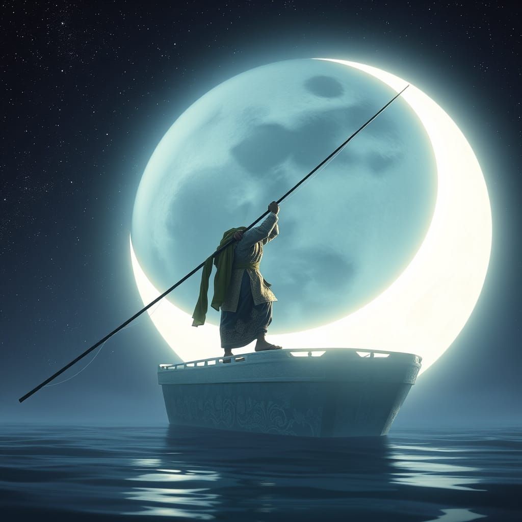 South Asian Fisherman on Crescent Moon, Under Starry Night S...