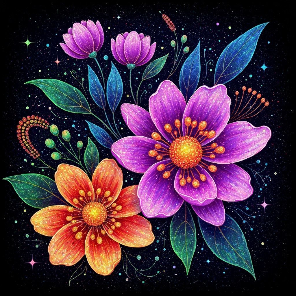 Sparkling Iridescent Flowers in Cosmic Scene