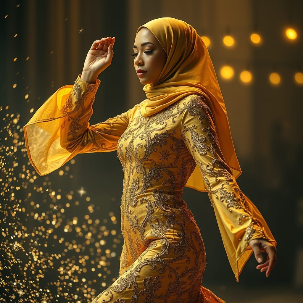 Woman Dancing in Gold, Hyperrealistic Digital Art