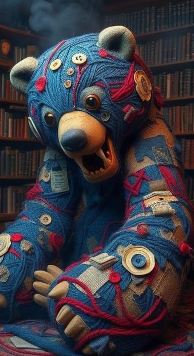 Colossal Fabric Bear Among Bookshelves