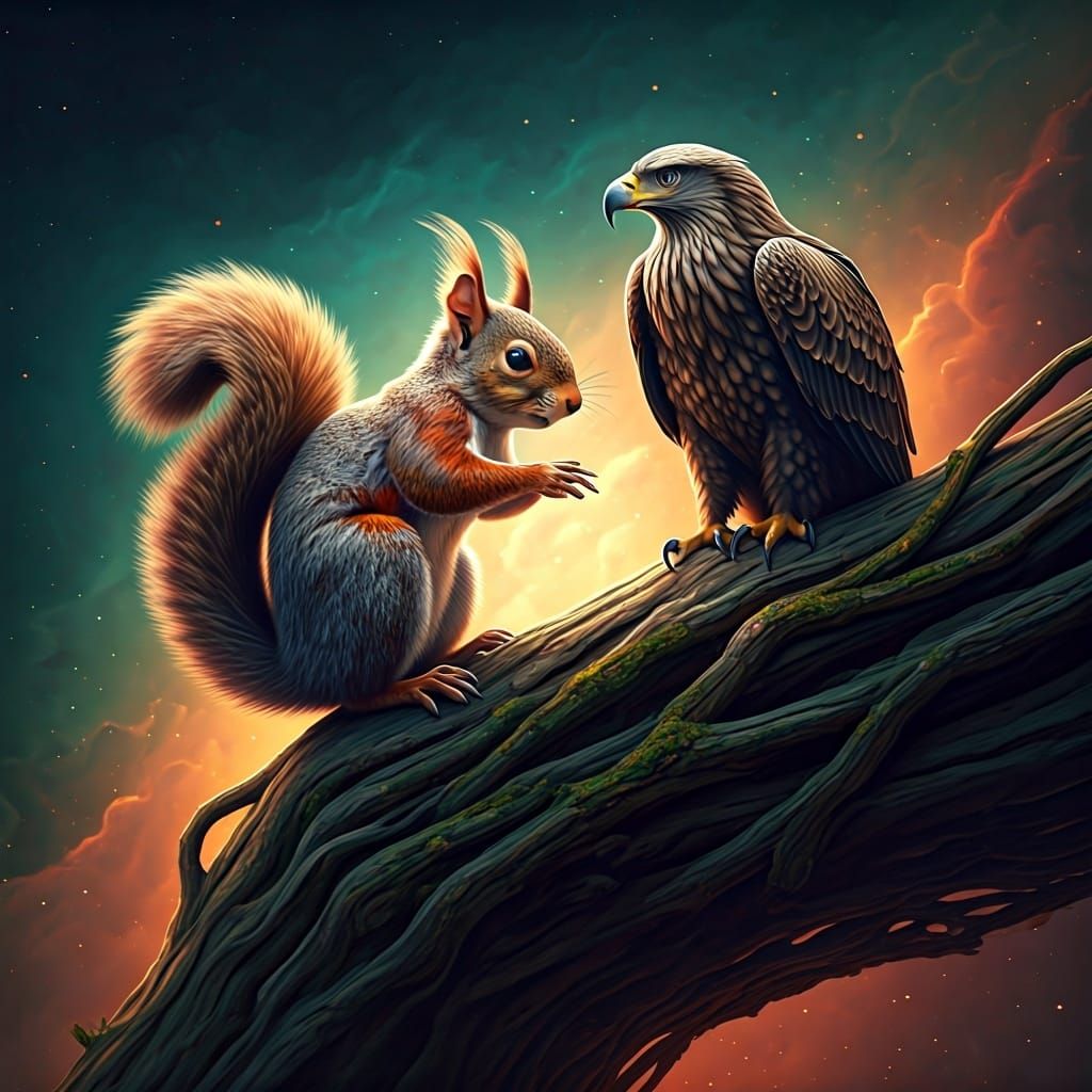 Squirrel and Eagle Conversation in Nebula Landscape