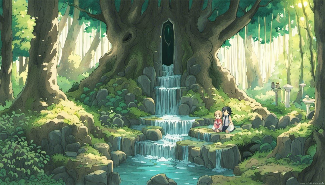Ghibli-Style Sacred Fountain in Secret Forest