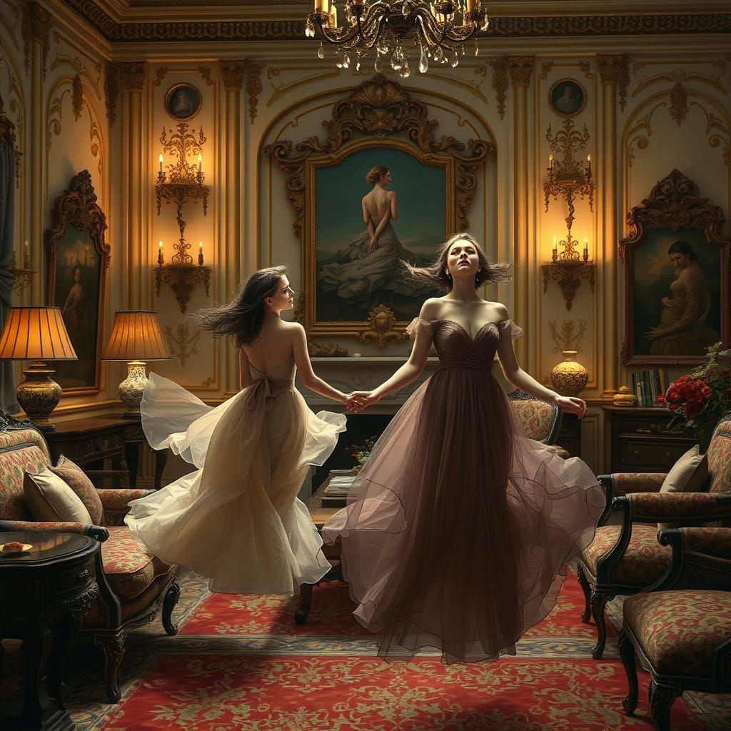 Elegant Women Float in Lavish Living Room
