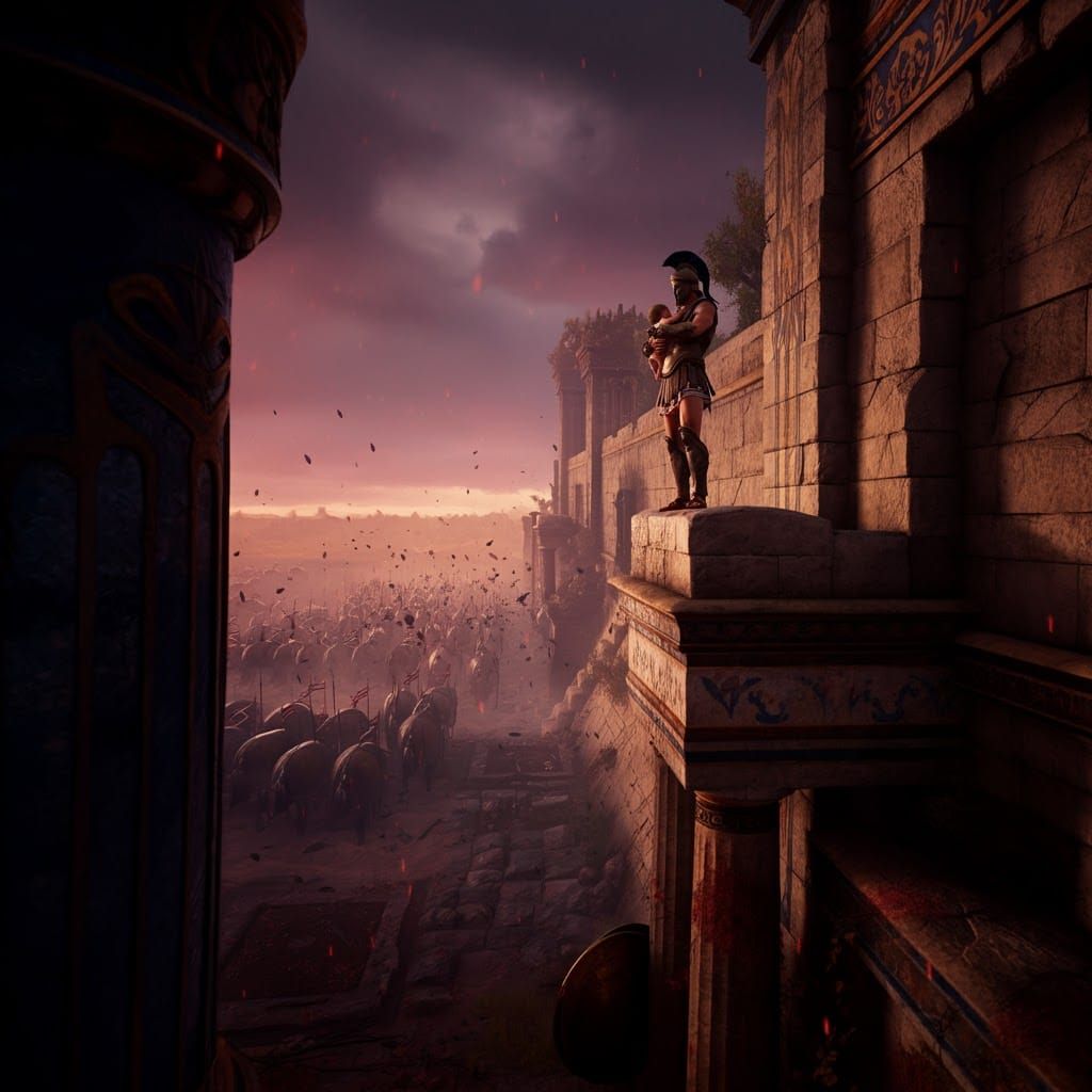 Odysseus on Troy Battlements: Hyper-Detailed Digital Art