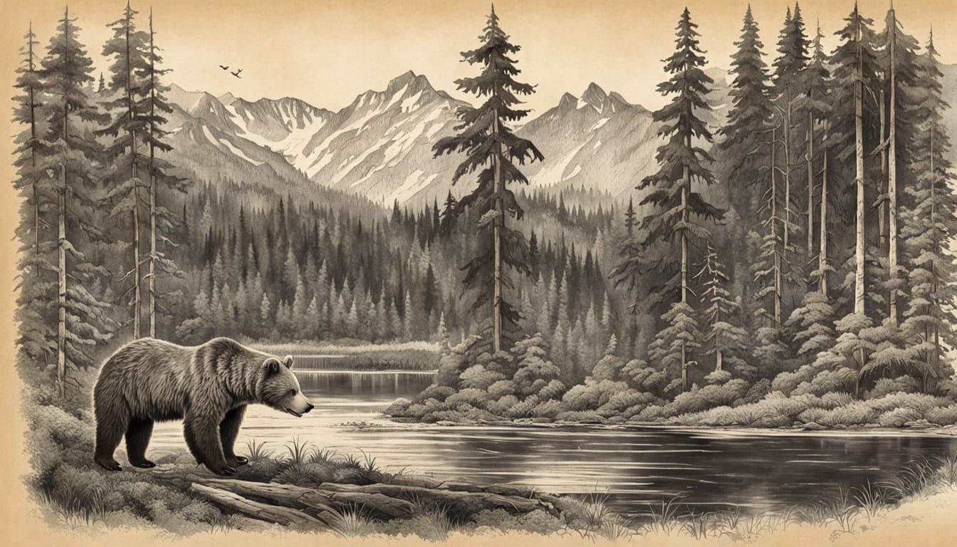 Grizzly Bear in Old Growth Forest Drawing