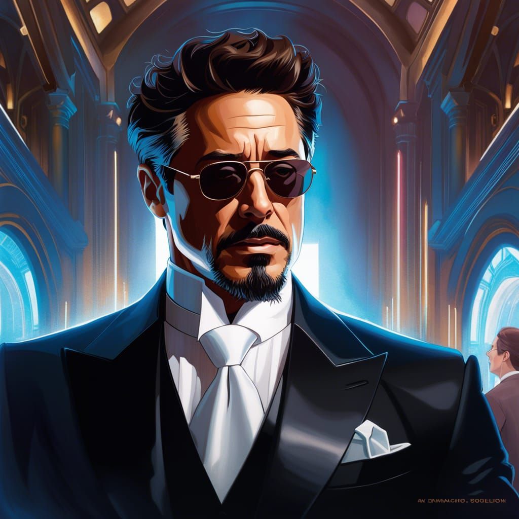 Tony Stark, stylish sharp tuxedo, sunglasses