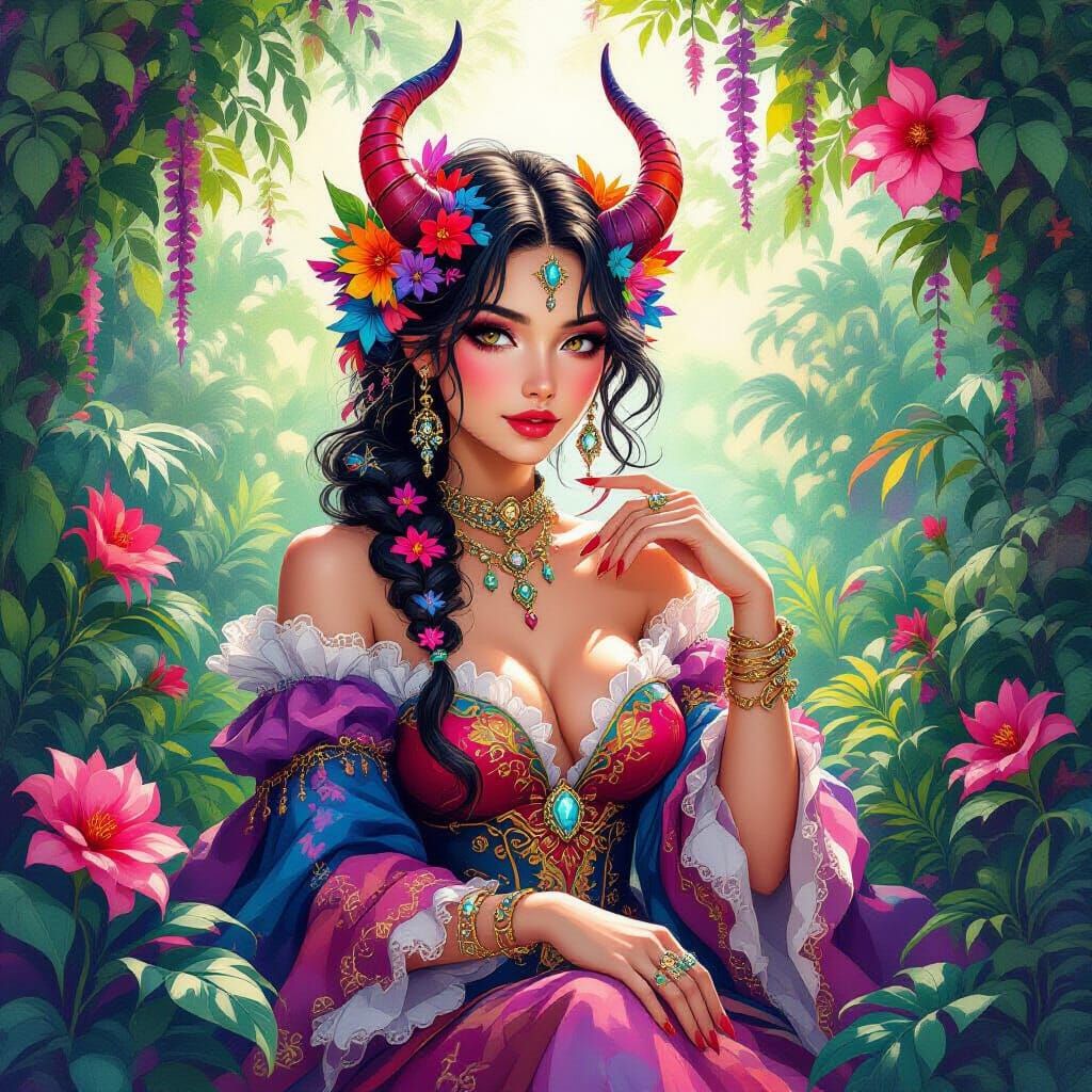 Beautiful demon art vibrant colorful whimsy hyper detailed p...