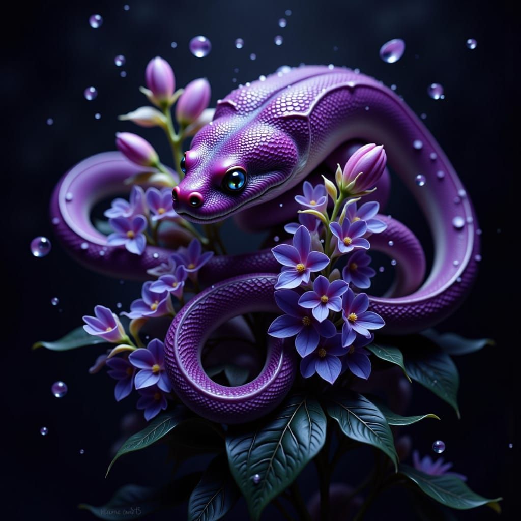 Iridescent Venomous Snake Coiled Around Lilac Flower