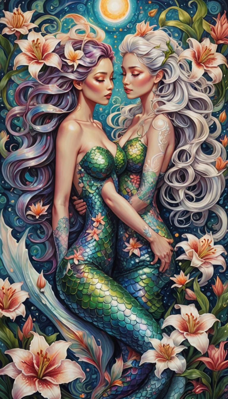 Surreal Mermaid Twins in Cosmic Yin Yang Position
