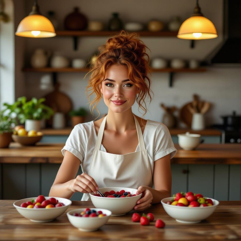 Woman with Berries: Folk Impressionist Kitchen Scene