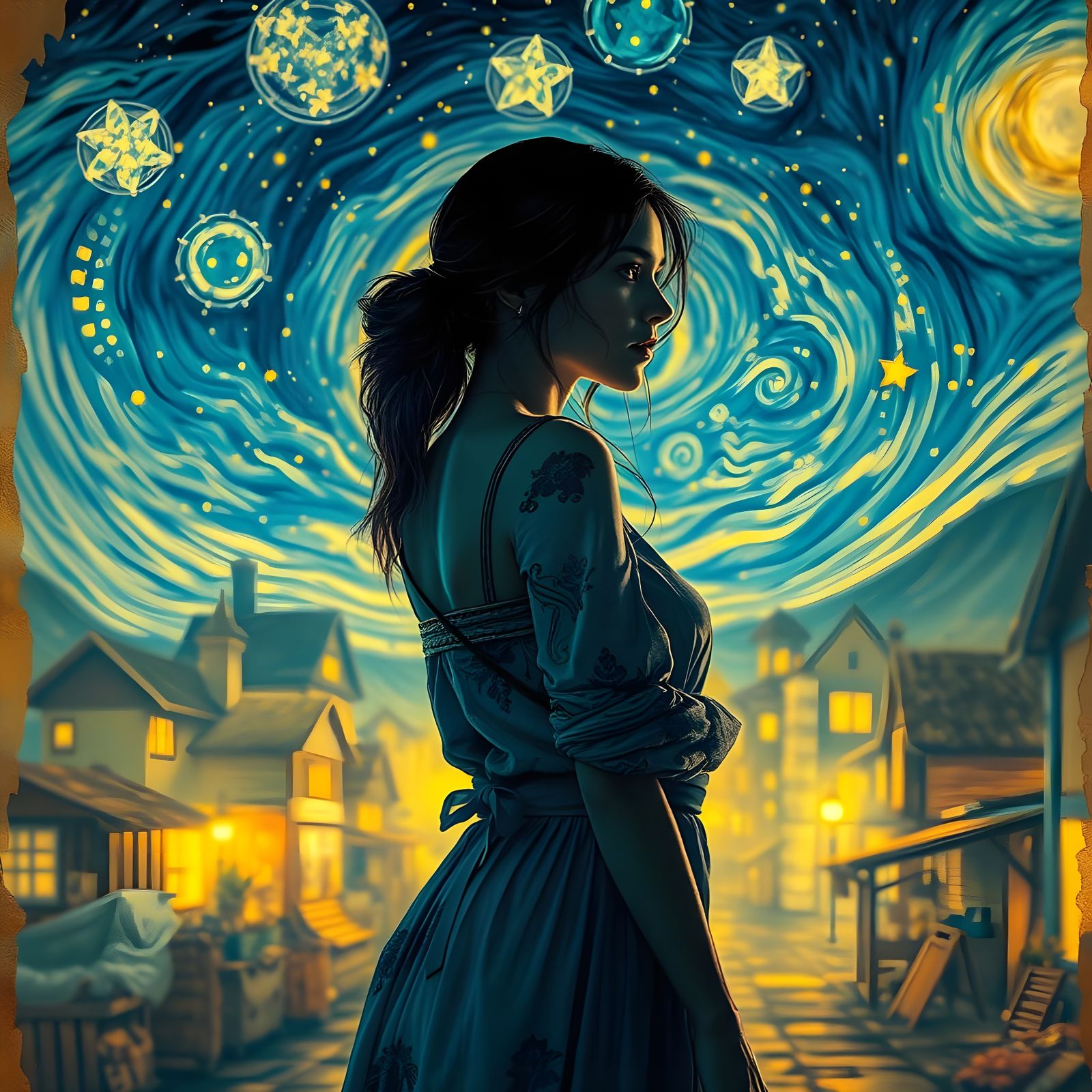 Anime-Styled Village Girl Under Starry Night Sky