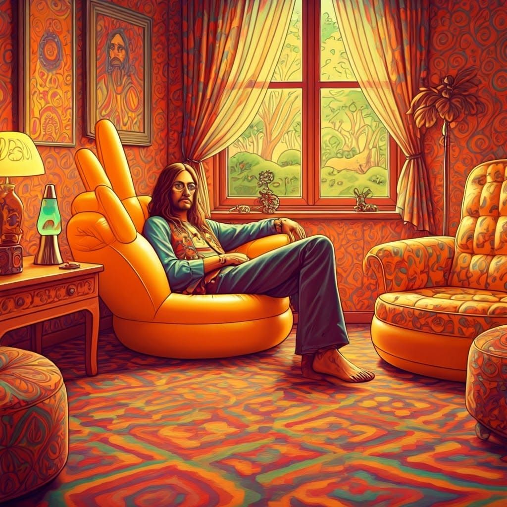 Groovy Hippie Dude in Vibrant 60s Living Room