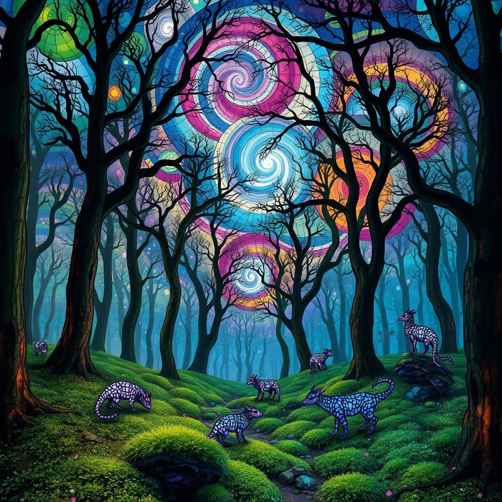 Stained Glass Forest with Bioluminescent Moss