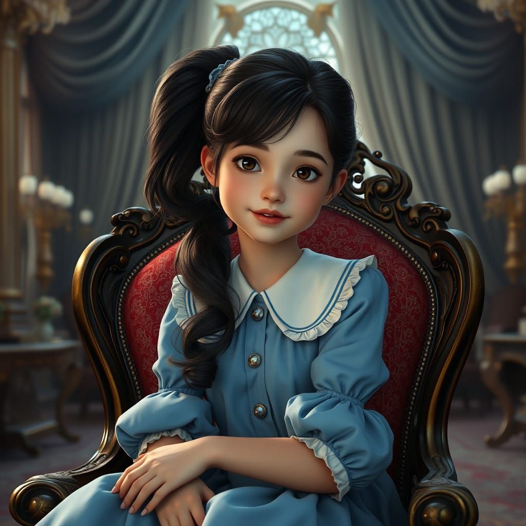 Whimsical Petite Brunette in Elegant Blue Dress