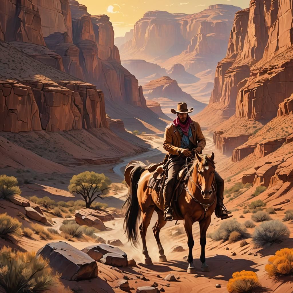 Centaur Cowboy Rides in Mythological Western Oil Painting