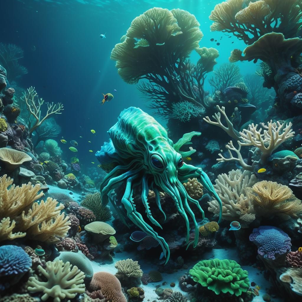 Alien Swims Near Coral Reef in Hyperrealistic 3D