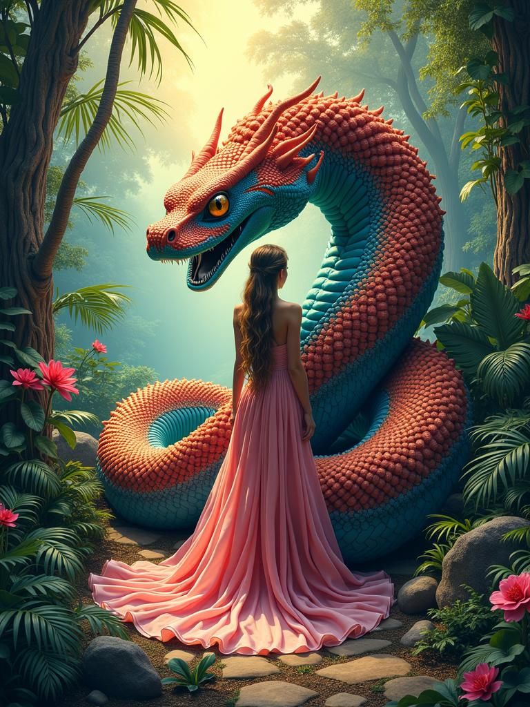 Colossal Snake Envelops Lady in Dreamlike Jungle Illustratio...